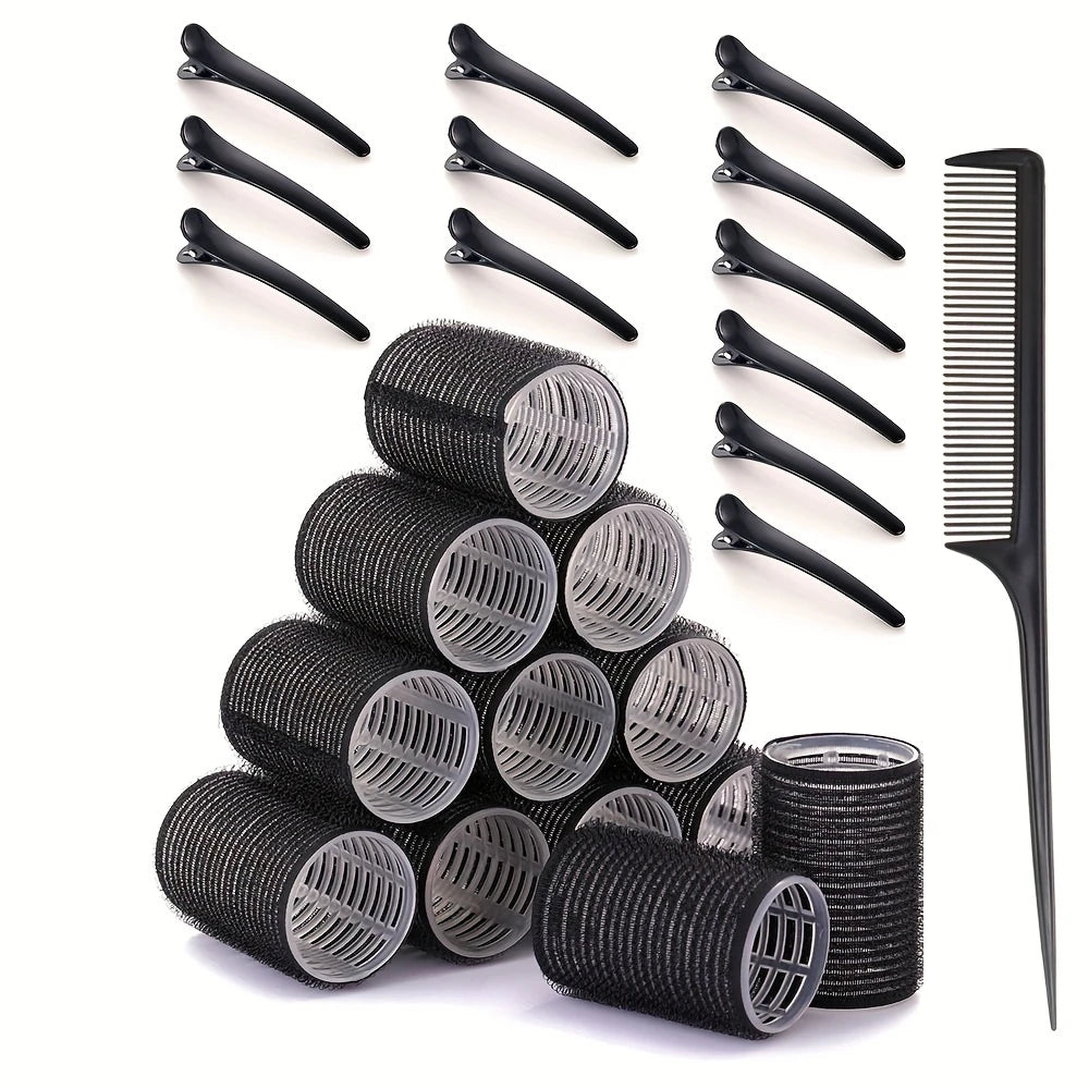 Kit Bigoudis Auto-Agrippants – 12 Rouleaux Volume + 12 Pinces + Peigne à Queue