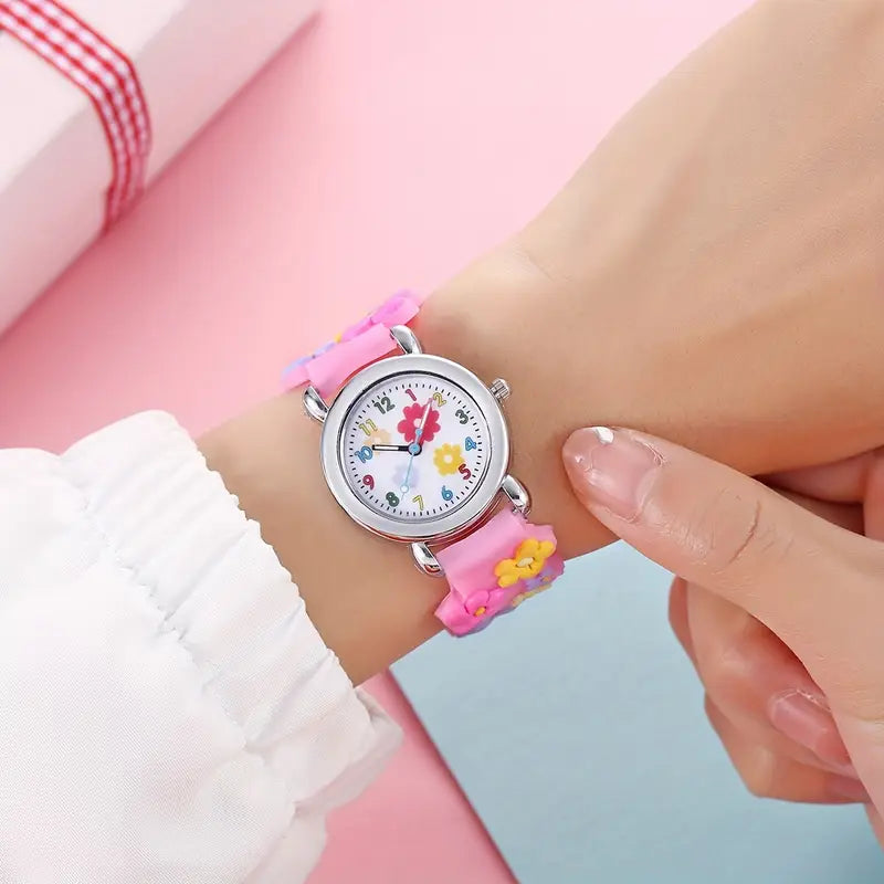 Montre Enfant Fille Rose avec Motifs Fleurs – Bijou Ludique et Coloré pour Apprendre l’Heure