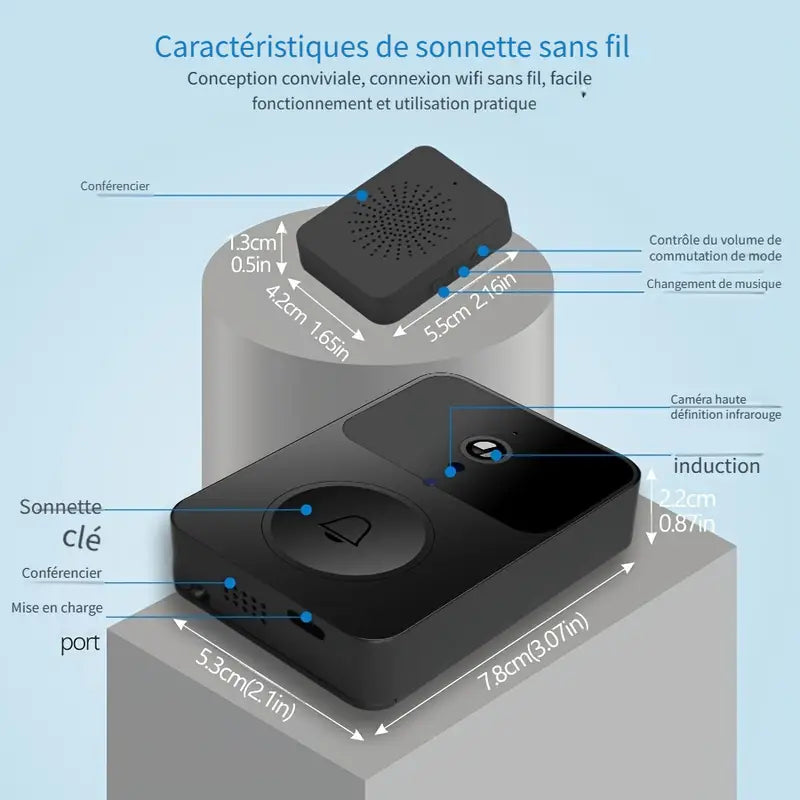 Sonnette Vidéo Wi-Fi 2.4G avec Caméra HD – Détection de Mouvement, Audio Bidirectionnel, Interface Type-C