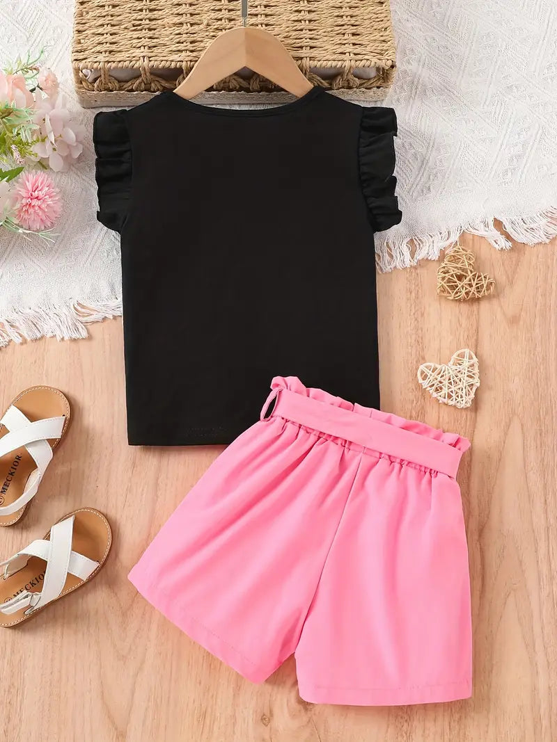 Ensemble fille été 2 pièces – T-shirt noir à volants et short rose