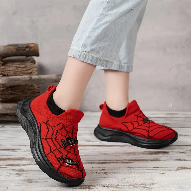 Baskets fille rouges motif toile d’araignée – Chaussures de sport respirantes et confortables