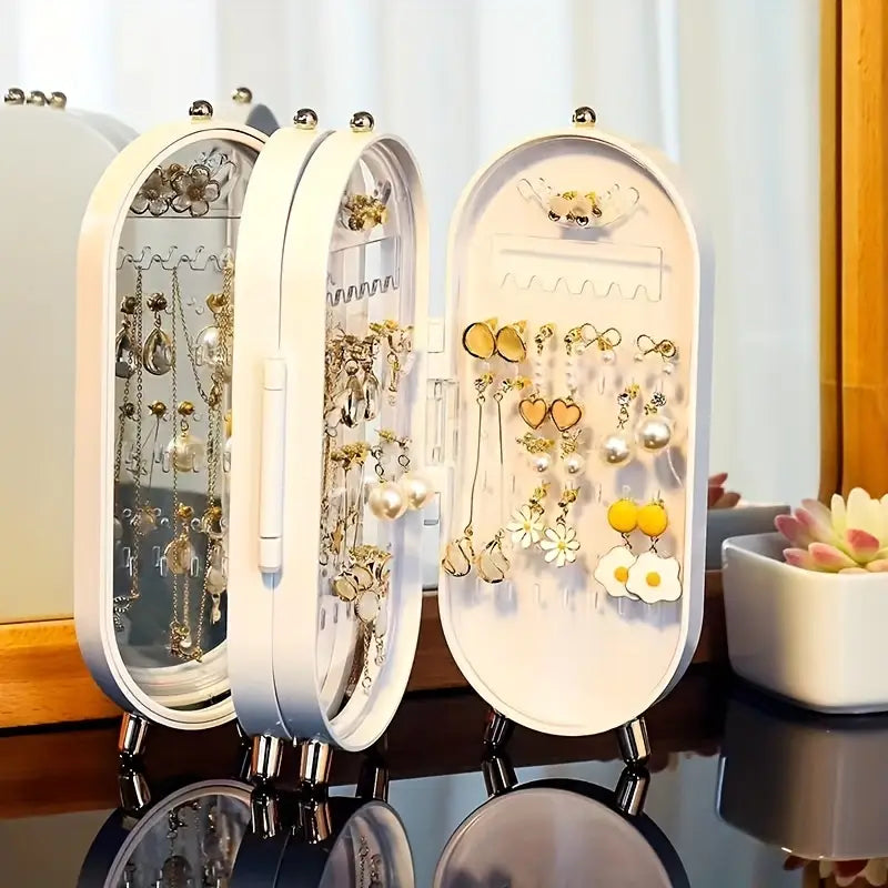 Boîte à bijoux design vertical en vert émeraude – Organisateur rotatif moderne avec pieds dorés