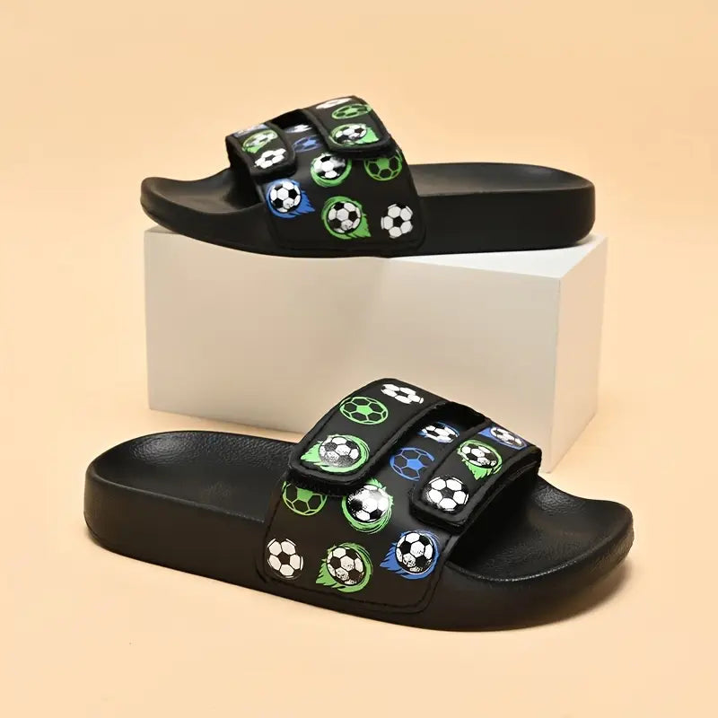 Sandales et pantoufles garçon – Claquettes noires à scratch avec motifs ballons de football confortables