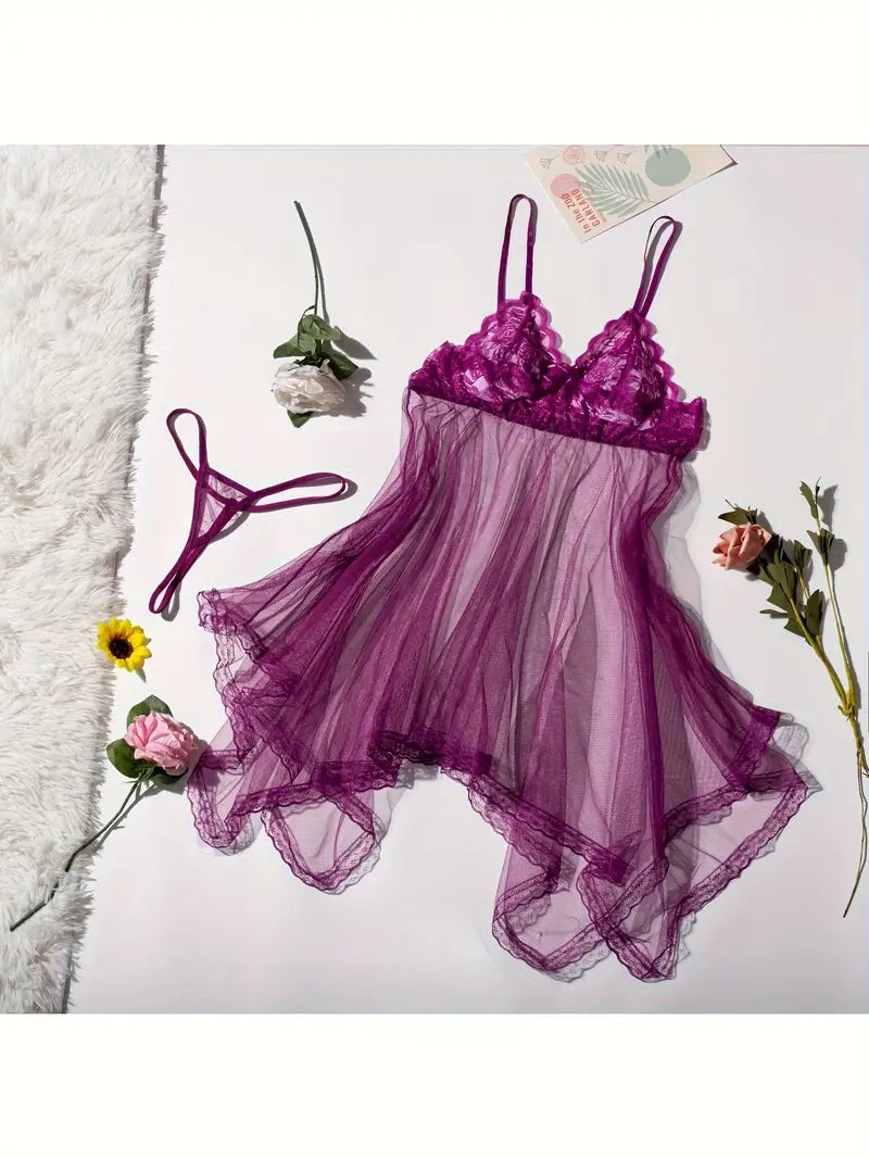 Nuisette Transparente Femme Dentelle Noire – Sous-vêtements et Pyjamas Sexy avec String Assorti