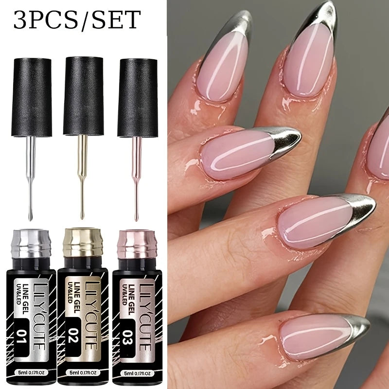 Ensemble 3 pièces Gels Liner Métalliques LILY'CUTE – Nail Art Chrome Argent, Or et Rose | Vernis à Ongles UV/LED 5ml