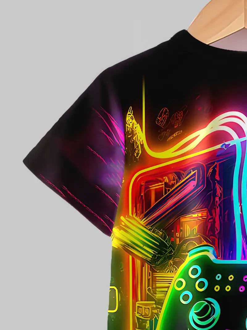 Ensemble Garçon T-shirt et Short Gaming Néon – Tenue Streetwear avec Motif Manette de Jeu