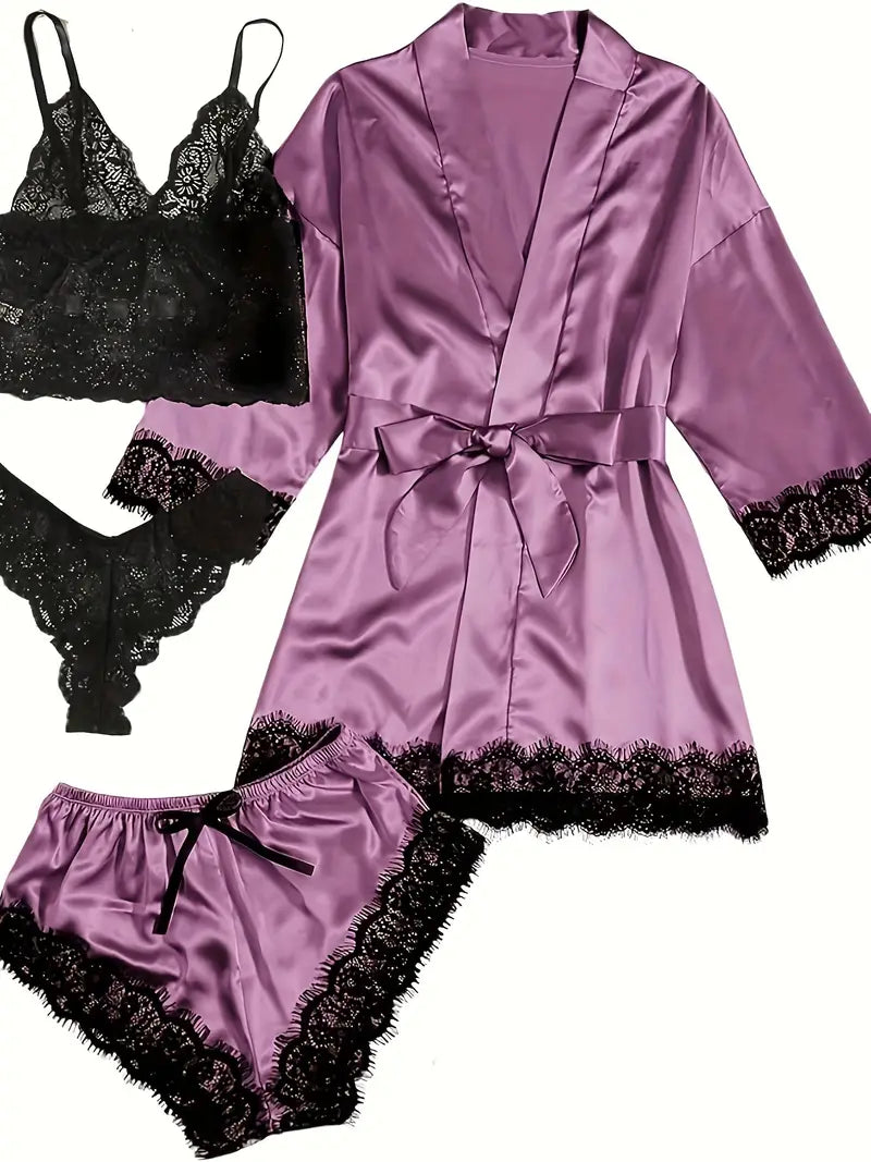 Ensemble Lingerie Femme Satin et Dentelle – Sous-vêtements et Pyjamas 4 Pièces avec Kimono, Débardeur, Short et String