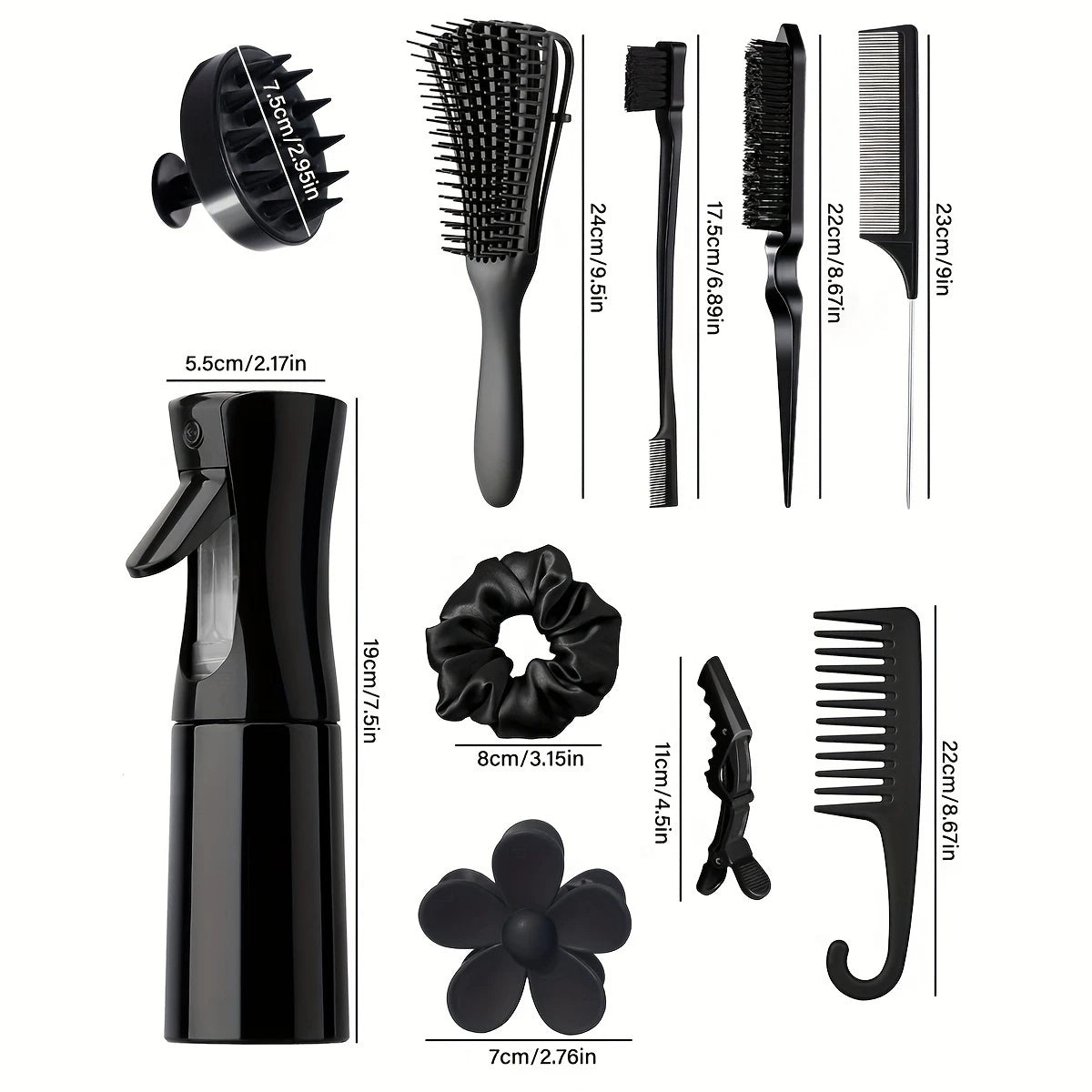 Kit Accessoires Cheveux 11-en-1 – Brosses, Peignes, Vaporisateur, Clips & Massage Cuir Chevelu