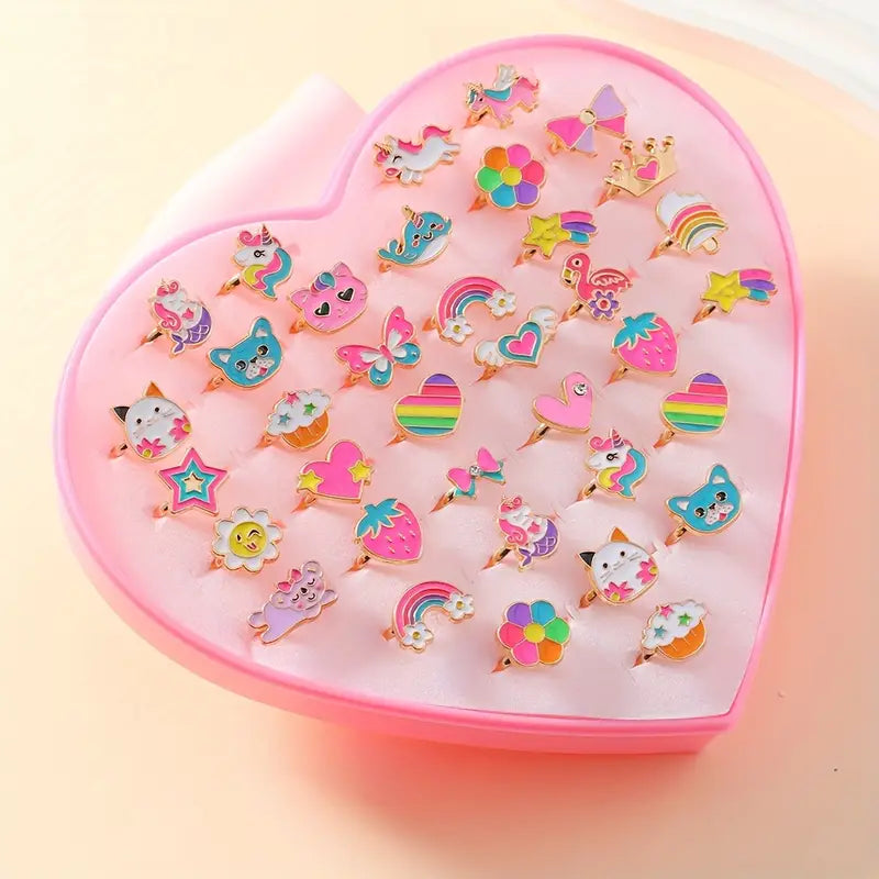 Coffret 36 Bagues Fantaisie Enfant – Bijoux Colorés Licorne, Arc-en-Ciel et Animaux