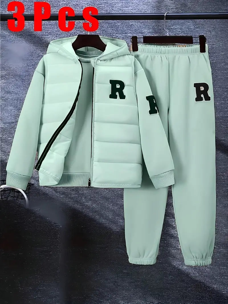 Ensemble Garçon 3 Pièces Chaud – Veste Matelassée, Sweat et Pantalon Sport Beige