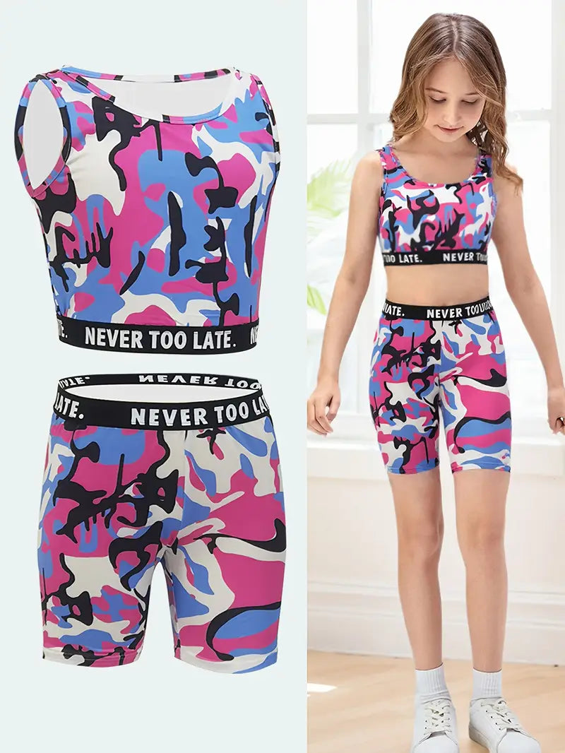 Ensemble fille camouflage bleu – brassière et short sport tendance, confortable et respirant
