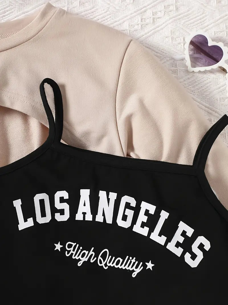 Haut fille crop top noir imprimé Los Angeles avec gilet manches longues – Style tendance et confortable