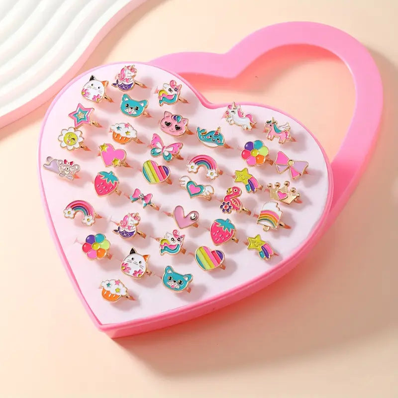 Coffret 36 Bagues Fantaisie Enfant – Bijoux Colorés Licorne, Arc-en-Ciel et Animaux