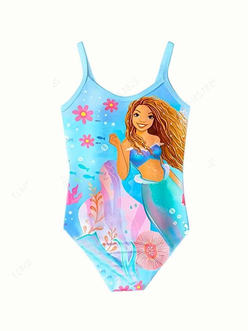 Maillot de bain fille une pièce motif sirène princesse – Bleu océan avec bretelles fines