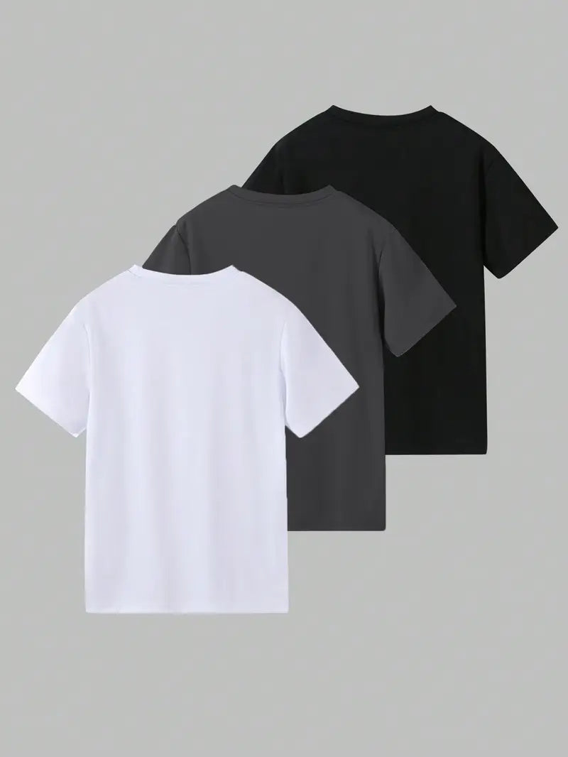 Lot de 3 T-shirts Garçon Unis – Hauts Enfant Coton Confort Blanc, Gris et Noir