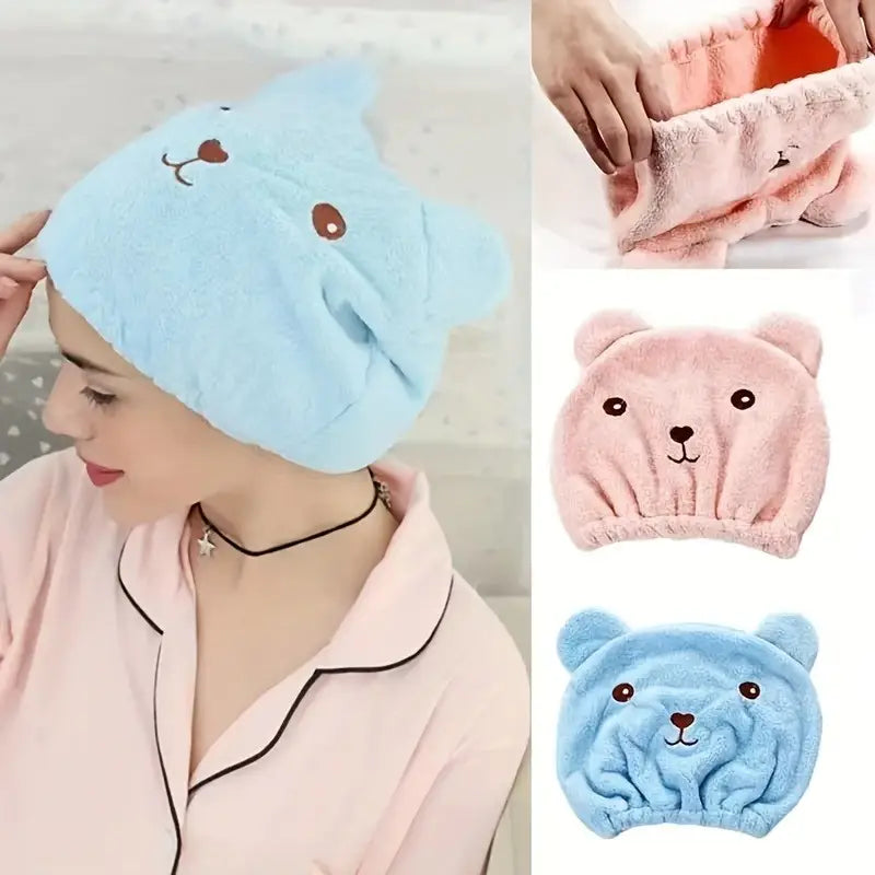 Bonnets Séchage Rapide en Microfibre Forme Ours – Ultra Doux pour Enfants et Adultes – Lot de 2 (Rose & Bleu)
