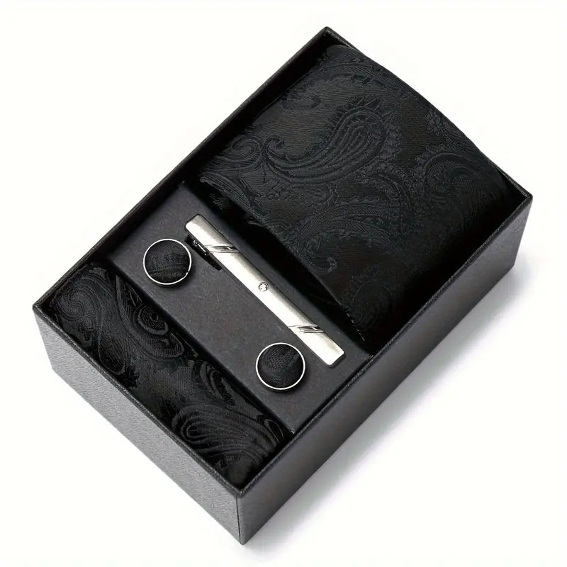 Coffret cravate homme bleu à motifs paisley – Pochette, boutons de manchette et pince assortis