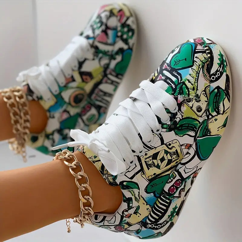 Baskets femme imprimé graffiti multicolore – Sneakers tendance streetwear confortables et respirantes