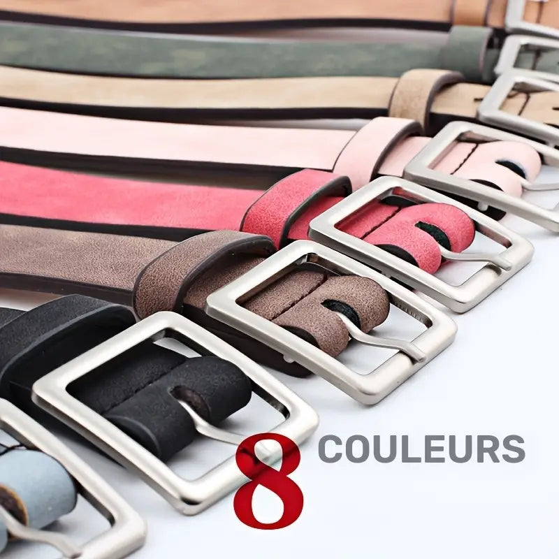 Ceinture femme en cuir marron avec boucle carrée argentée – Style classique et élégant