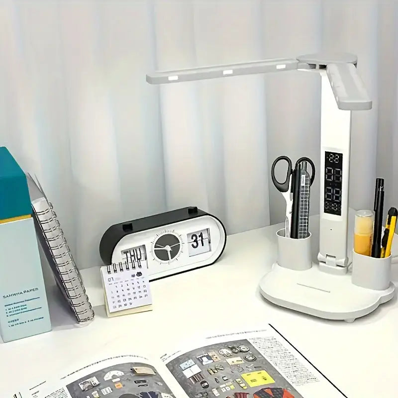 Lampe de bureau LED multifonction avec écran LCD, charge USB et rangement intégré – Lumière réglable et design moderne