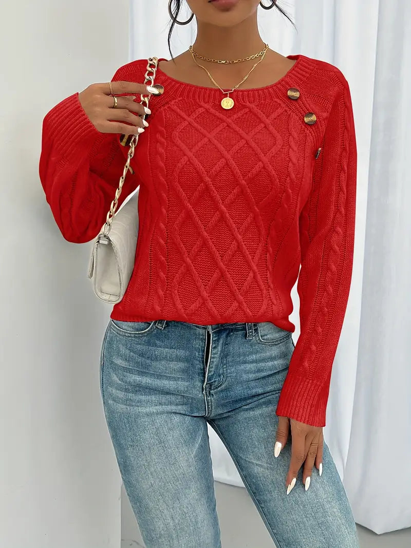 Pull Femme Hiver Maille Torsadée avec Boutons Décoratifs – Col Rond et Coupe Confortable