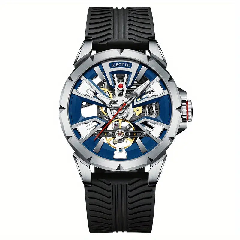 Montre homme automatique squelette – Design sport élégant avec cadran bleu et bracelet silicone blanc