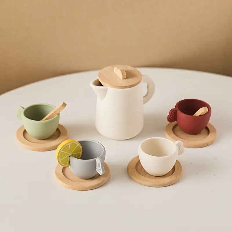 Service à Thé en Bois pour Enfants – Jouet d’Imitation Montessori avec Tasses et Théière Éducatives