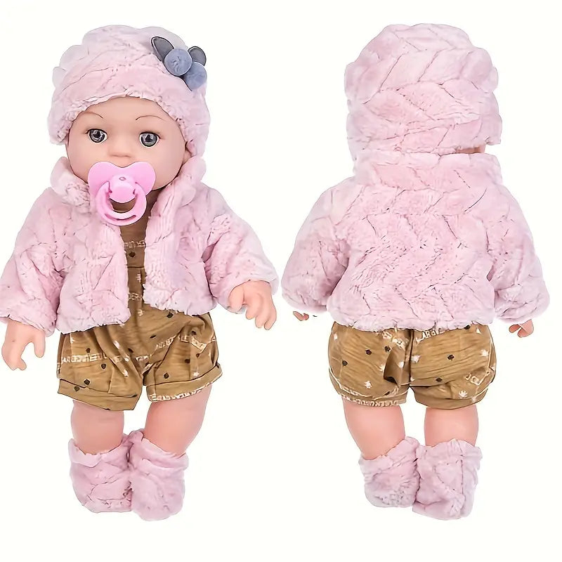 Poupée bébé réaliste 30 cm avec vêtements fleuris et bonnet rose/marron – Idéal jeu d’imitation et cadeau enfant