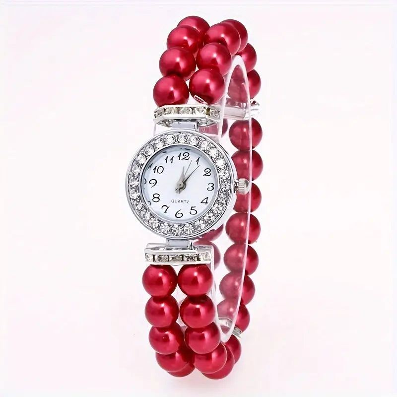 Montre femme élégante à bracelet perles rouges – Quartz avec strass brillants