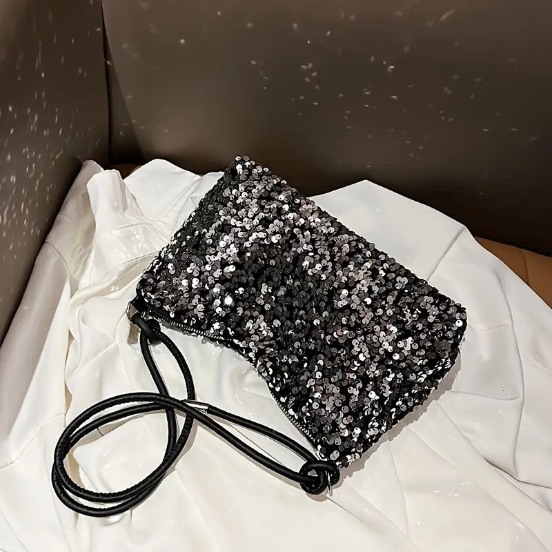 Pochette de soirée femme à sequins – Sac chic noir et argenté avec bandoulière