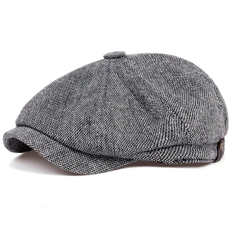 Casquette gavroche homme rétro – Chapeau plat en tweed à chevrons gris pour look vintage élégant