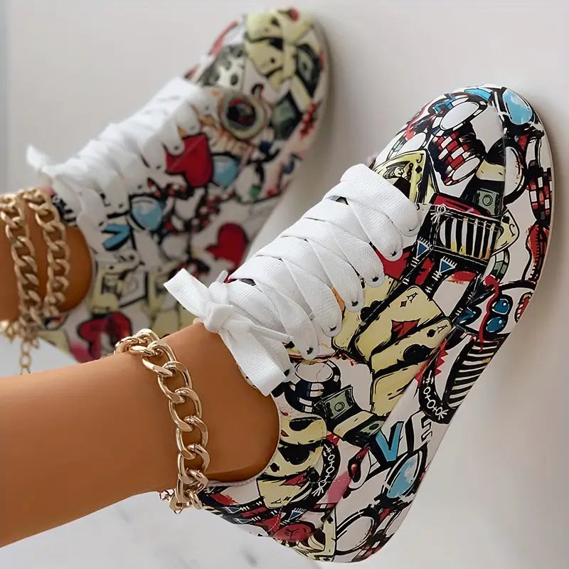 Baskets femme imprimé graffiti multicolore – Sneakers tendance streetwear confortables et respirantes