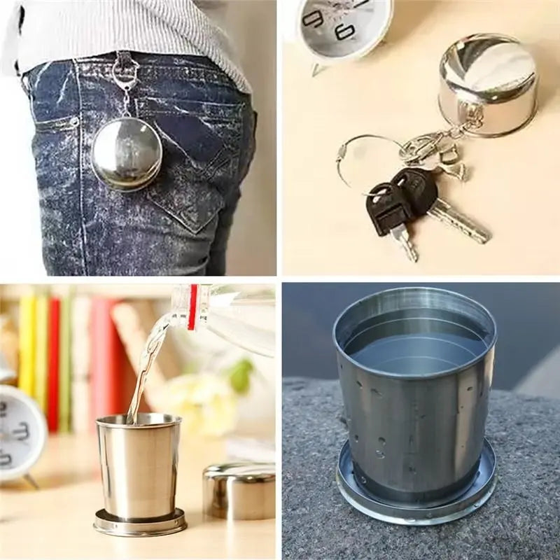 Gobelet pliable en acier inoxydable avec porte-clés – Tasse de voyage compacte pour Camping et Randonnée