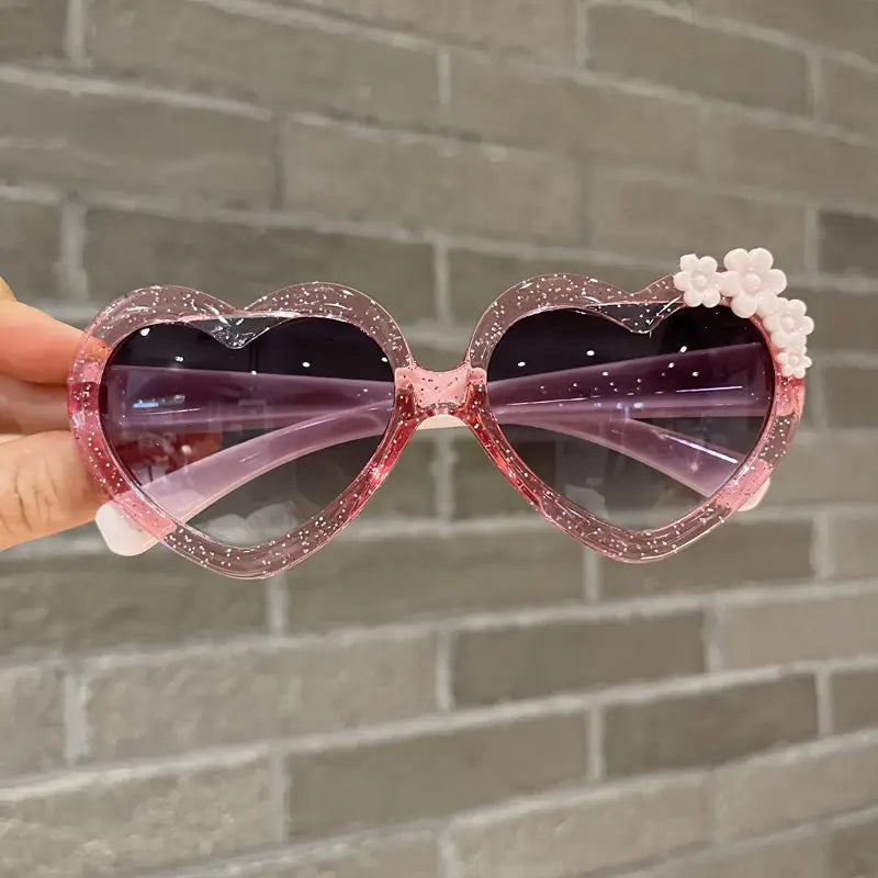 Lunettes de soleil enfants cœur paillettes avec fleurs – Mode fille été, protection UV