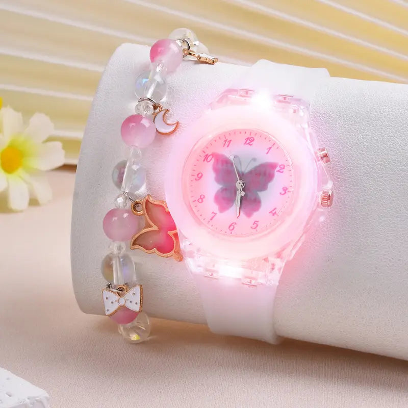 Montre Enfant Fille Rose Papillon avec Bracelet Fantaisie – Apprentissage de l’Heure et Accessoire Élégant