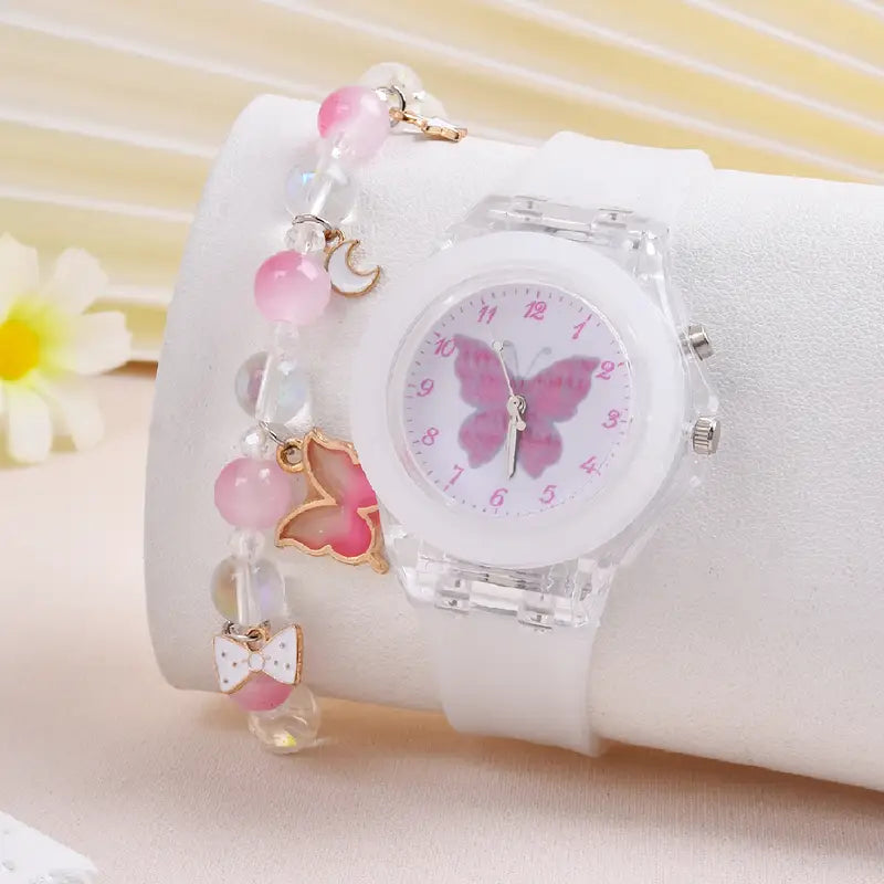 Montre Enfant Fille Rose Papillon avec Bracelet Fantaisie – Apprentissage de l’Heure et Accessoire Élégant