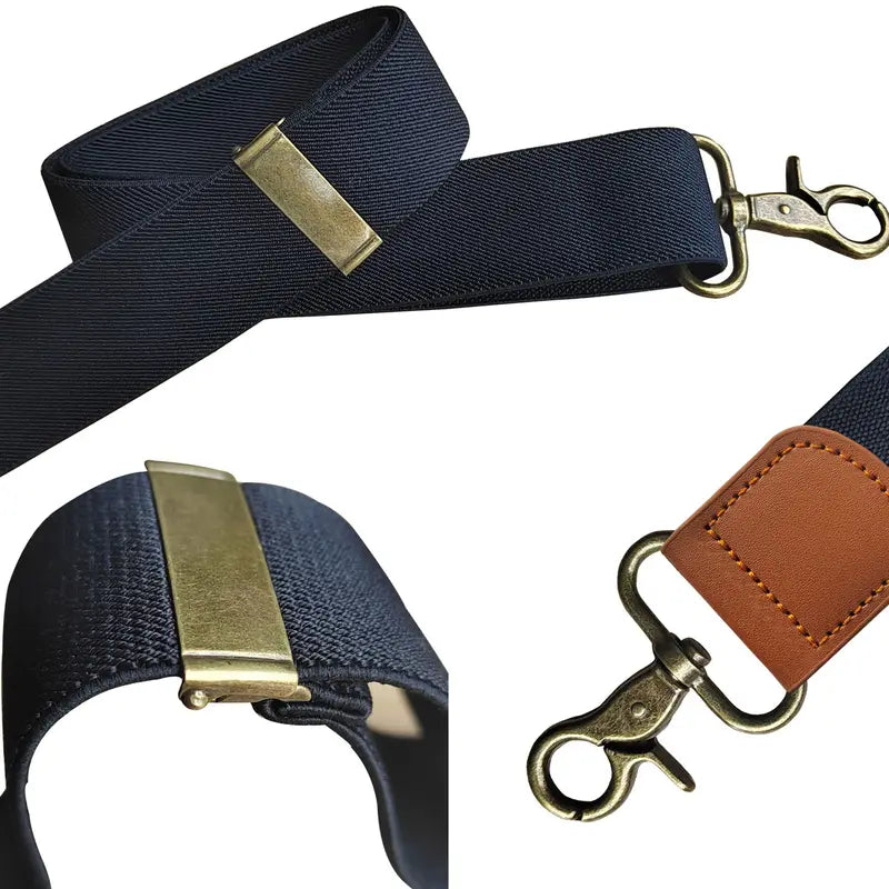 Bretelles homme style rétro – Bretelles réglables en tissu élastique avec finitions cuir marron et crochets métal