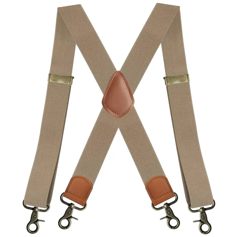Bretelles homme style rétro – Bretelles réglables en tissu élastique avec finitions cuir marron et crochets métal