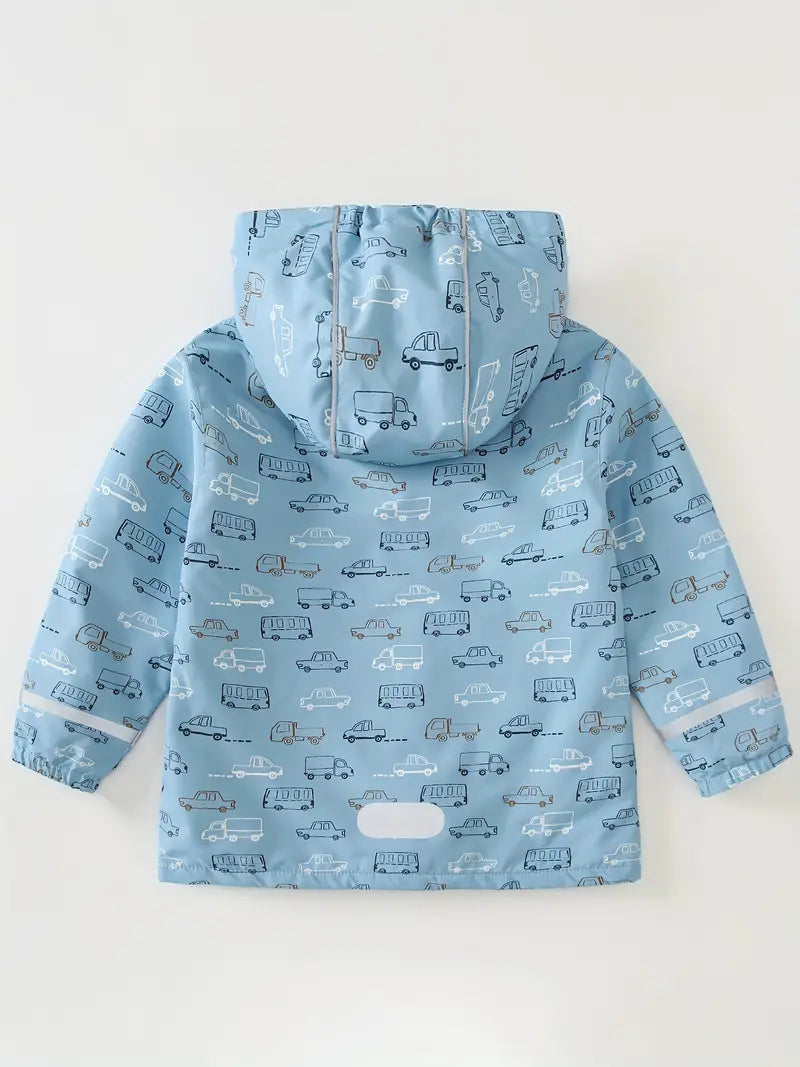 Veste Imperméable Enfant à Capuche – Coupe-Vent Légère Motifs Voitures Bleue