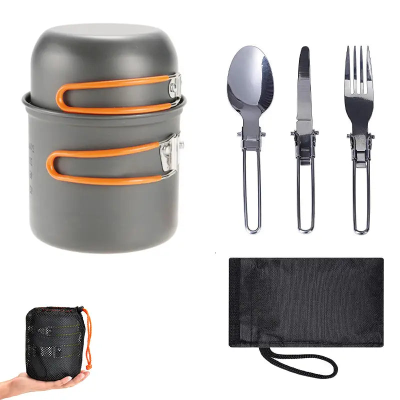 Kit ustensiles de camping léger – Popote en aluminium avec couverts pliables et sac de transport