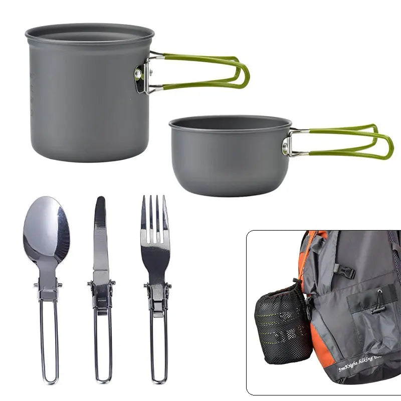 Kit ustensiles de camping léger – Popote en aluminium avec couverts pliables et sac de transport
