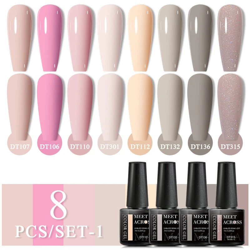 Kit Vernis Semi-Permanent Nude & multicolore – 8 Couleurs Tendances Gel UV LED MEET ACROSS