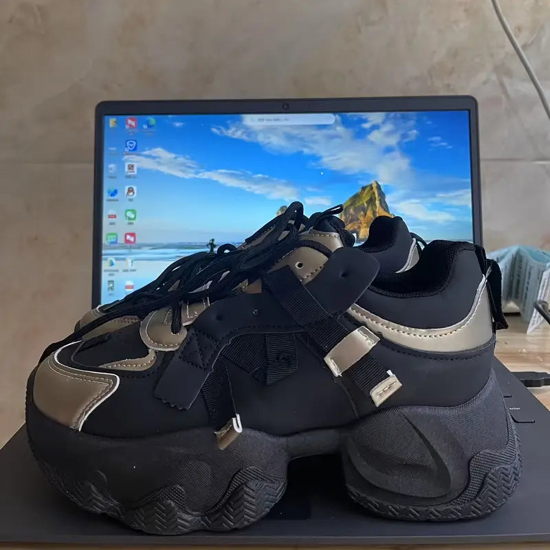 Chaussures de sport fille – Baskets chunky beige et rose avec semelle épaisse tendance et confort