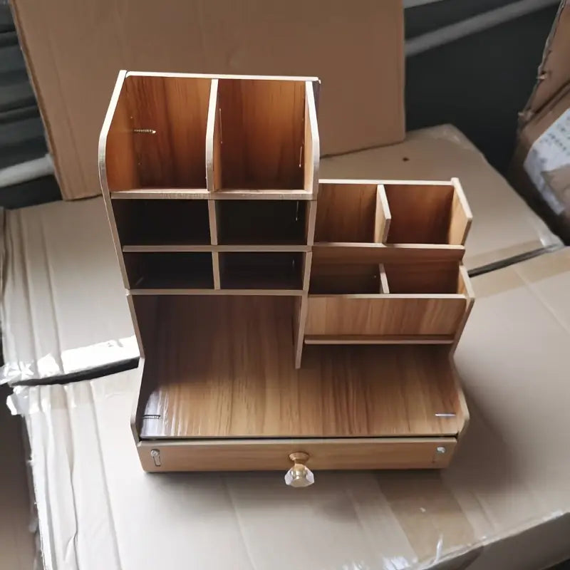 Organisateur de bureau en bois avec tiroir – Rangement multi-compartiments pour fournitures, stylos et accessoires