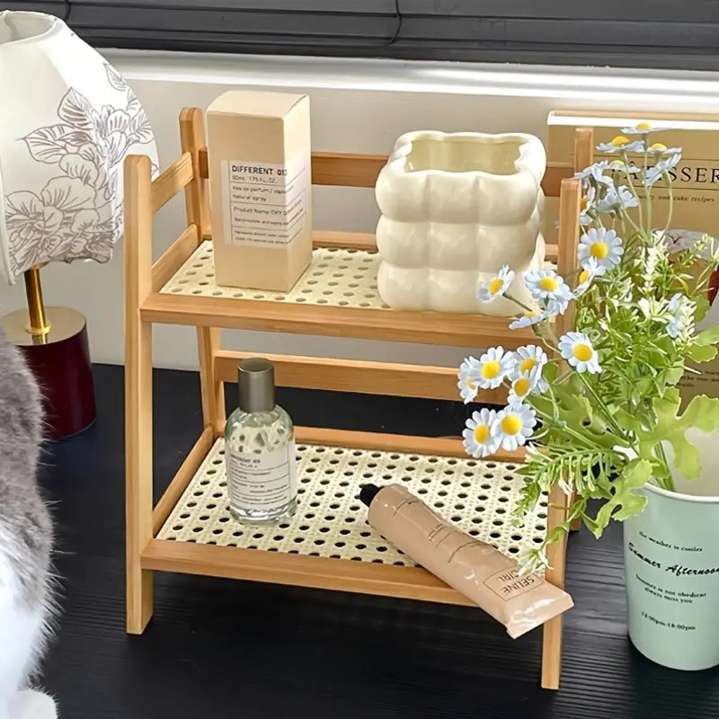 Étagère de rangement en bois 2 niveaux – Organisateur compact en bambou pour bureau, cuisine ou salle de bain