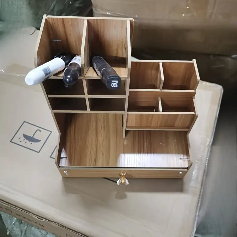 Organisateur de bureau en bois avec tiroir – Rangement multi-compartiments pour fournitures, stylos et accessoires