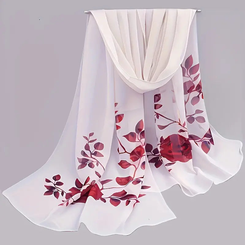 Écharpe femme blanche à fleurs grises – Châle léger en mousseline élégant et raffiné