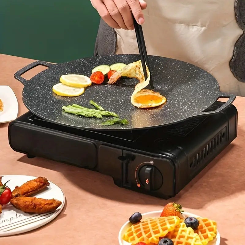Plancha ronde en fonte antiadhésive – Plaque de cuisson 30cm portable pour barbecue, camping et pique-nique