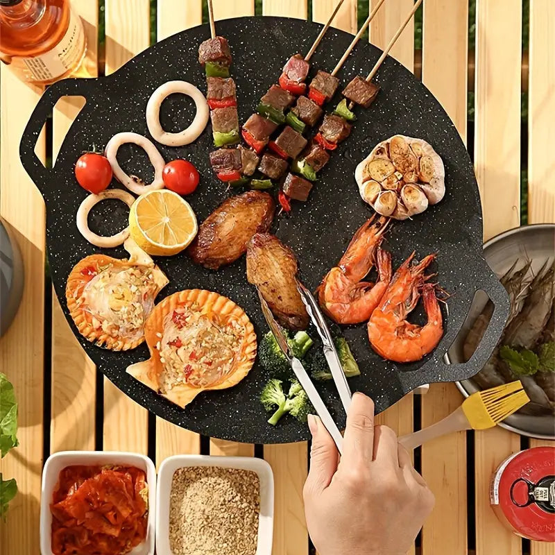 Plancha ronde en fonte antiadhésive – Plaque de cuisson 30cm portable pour barbecue, camping et pique-nique