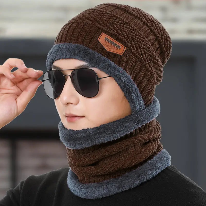 Ensemble bonnet et écharpe tube homme – Tricot chaud doublé polaire pour hiver